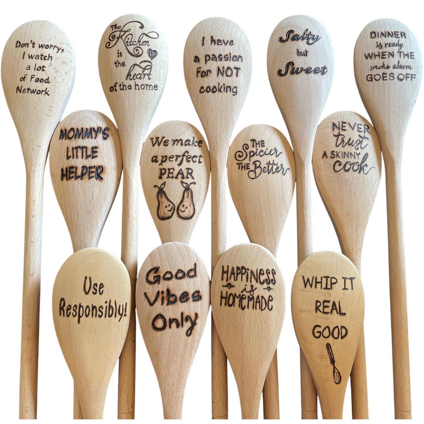 Cooking Spoons| Beechwood 14"| Eco-friendly| Quotes| Wood Burned