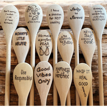 Cooking Spoons| Beechwood 14"| Eco-friendly| Quotes| Wood Burned