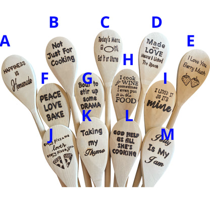 Wooden Cooking Spoons| Rubberwood 14"| Eco-friendly| Quotes| Wood Burned Spoons| Kitchen