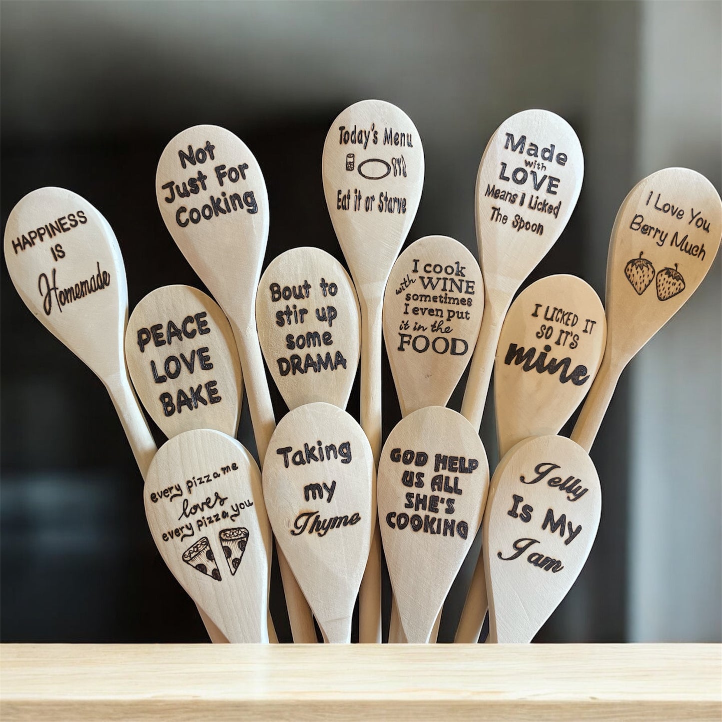 Wooden Cooking Spoons| Rubberwood 14"| Eco-friendly| Quotes| Wood Burned Spoons| Kitchen