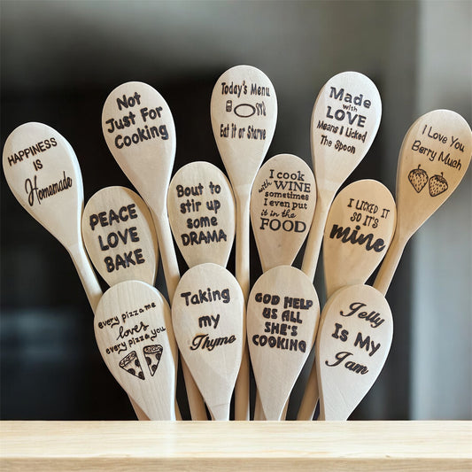 Wooden Cooking Spoons| Rubberwood 14"| Eco-friendly| Quotes| Wood Burned Spoons| Kitchen