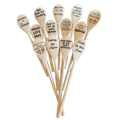 Wooden Cooking Spoons| Rubberwood 14"| Eco-friendly| Quotes| Wood Burned Spoons| Kitchen