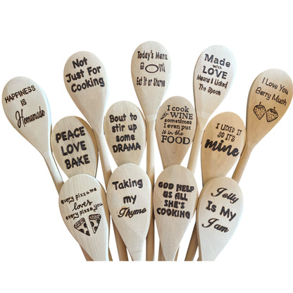 Wooden Cooking Spoons| Rubberwood 14"| Eco-friendly| Quotes| Wood Burned Spoons| Kitchen