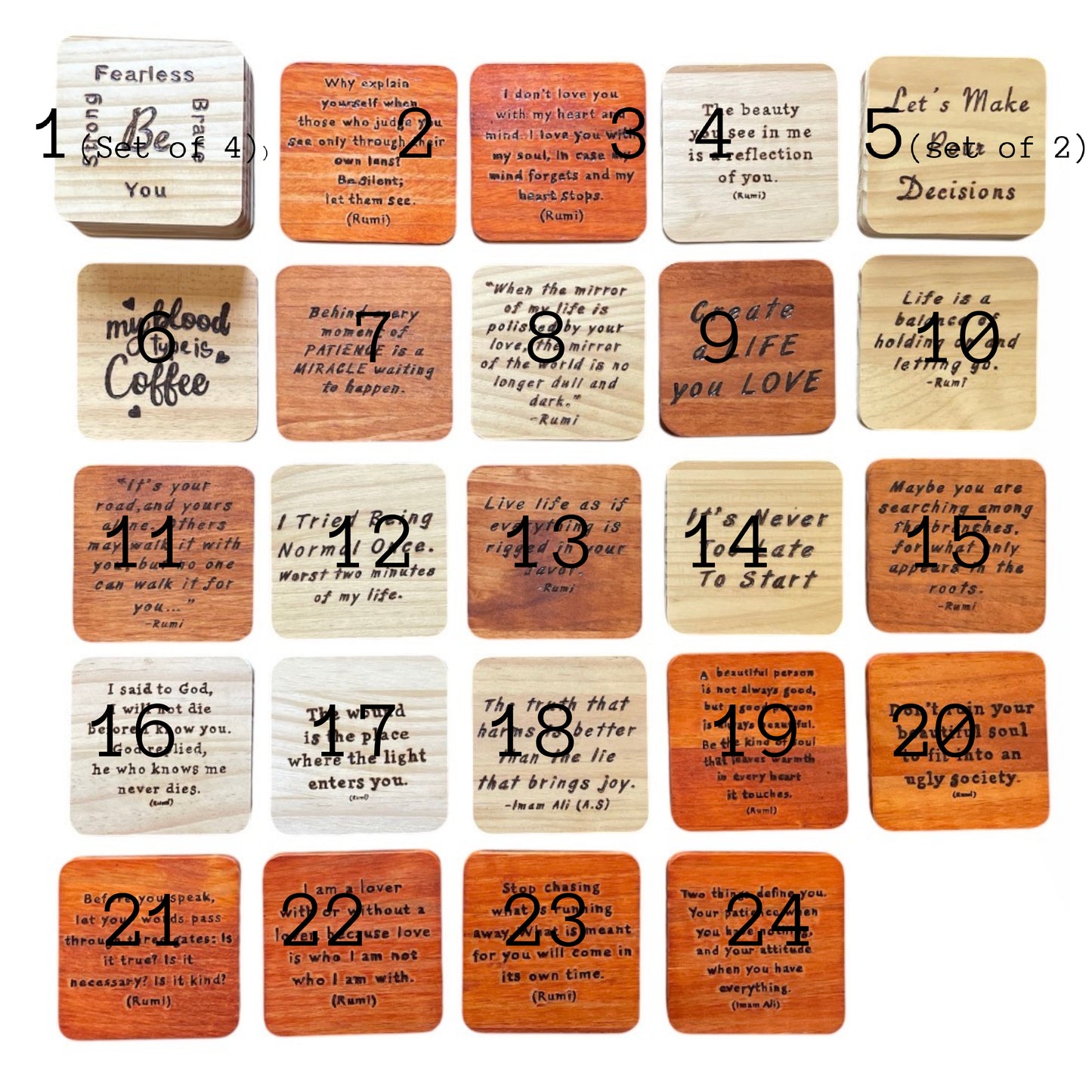 Handmade Square Wood Coasters| Rumi | Thoughtful Quotes