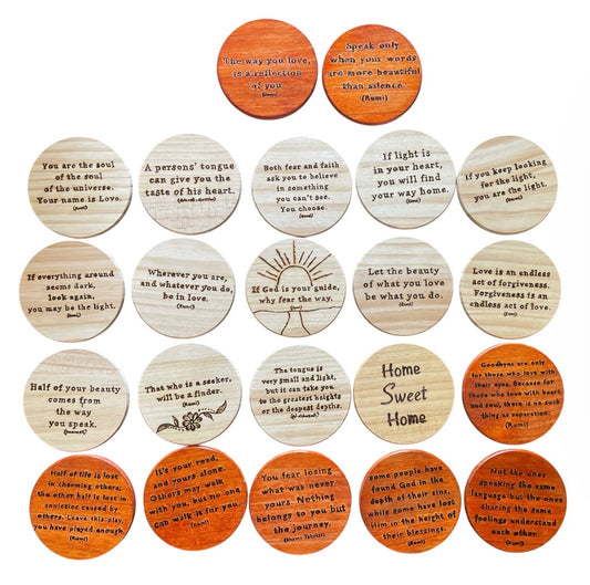 Handmade Round Wood Coasters| Rumi | Thoughtful Quotes