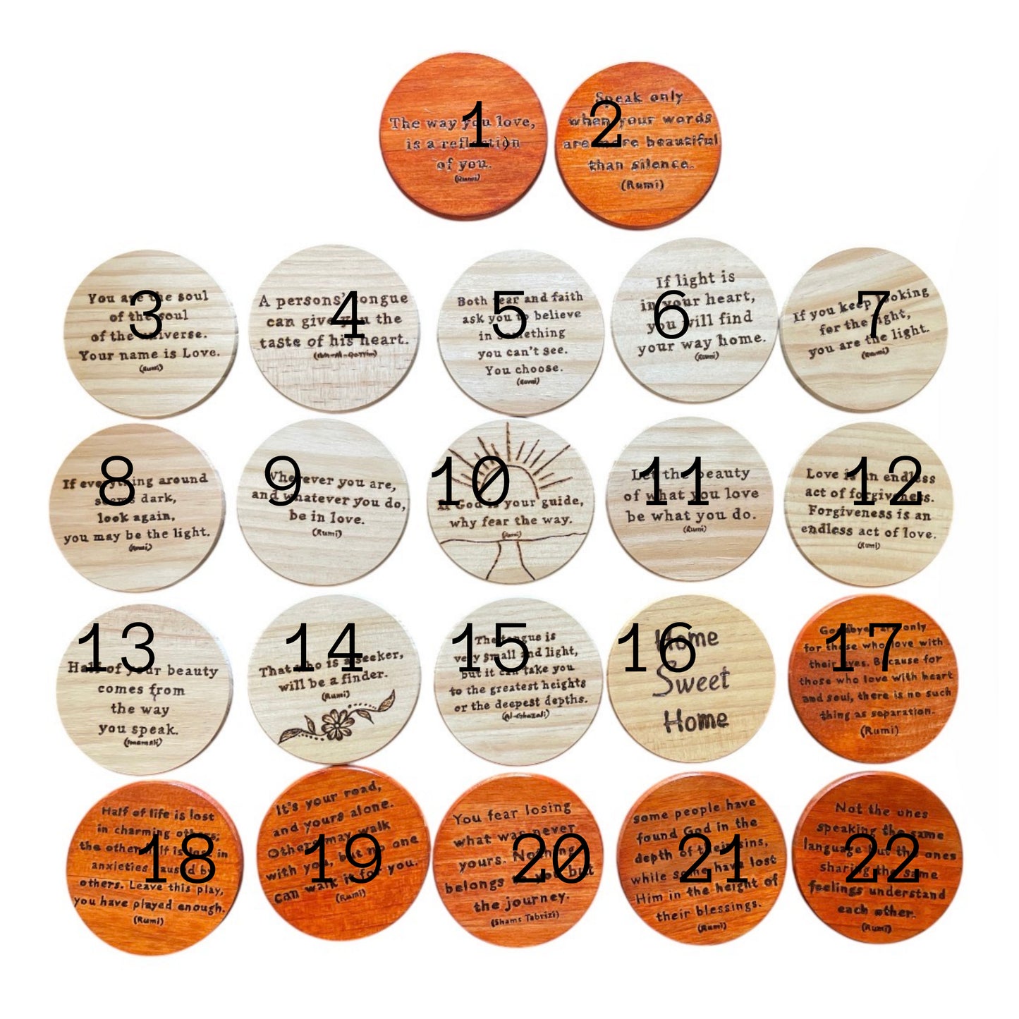 Handmade Round Wood Coasters| Rumi | Thoughtful Quotes