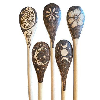 Beechwood 14" Cooking Spoons| Eco-friendly| Floral| Sun and Moon| peacock Designs