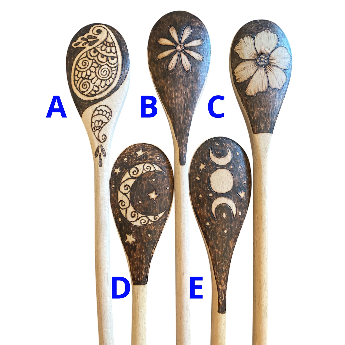 Beechwood 14" Cooking Spoons| Eco-friendly| Floral| Sun and Moon| peacock Designs