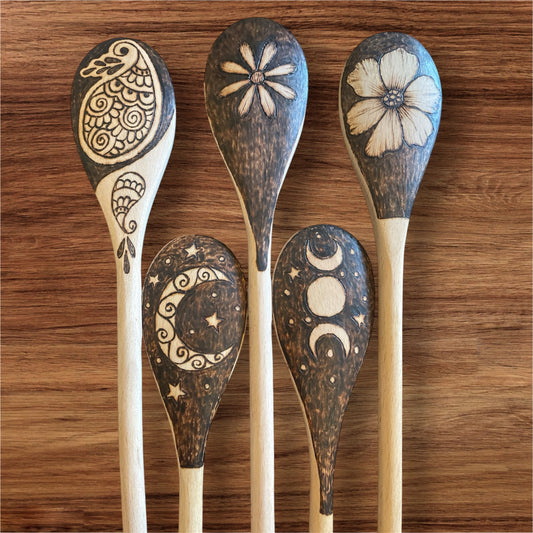 Beechwood 14" Cooking Spoons| Eco-friendly| Floral| Sun and Moon| peacock Designs