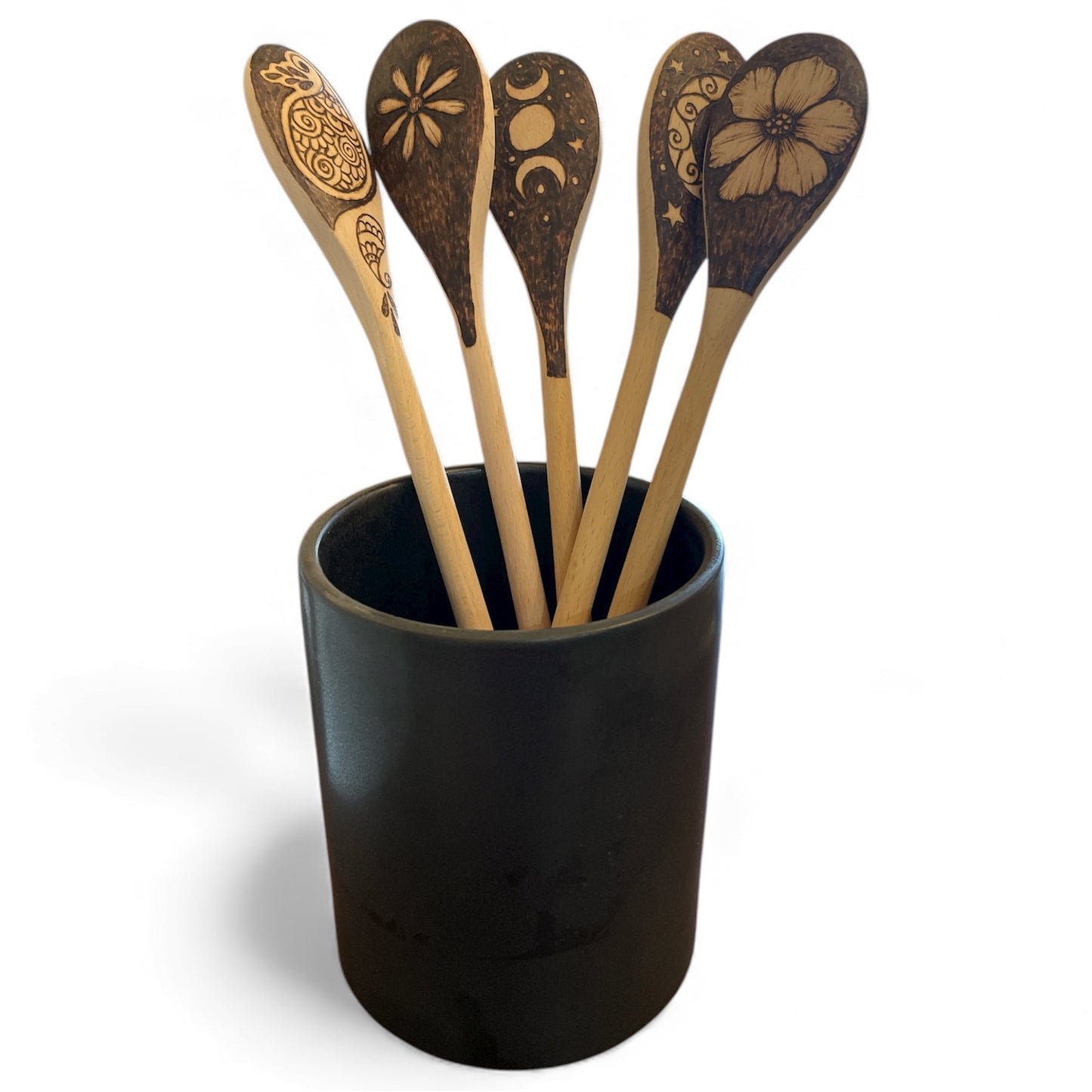 Beechwood 14" Cooking Spoons| Eco-friendly| Floral| Sun and Moon| peacock Designs
