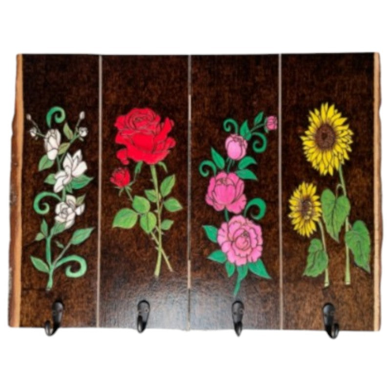 Perchero colgador de llaves rosas florales, girasoles, peonías, flores de magnolia arte ardiente de madera