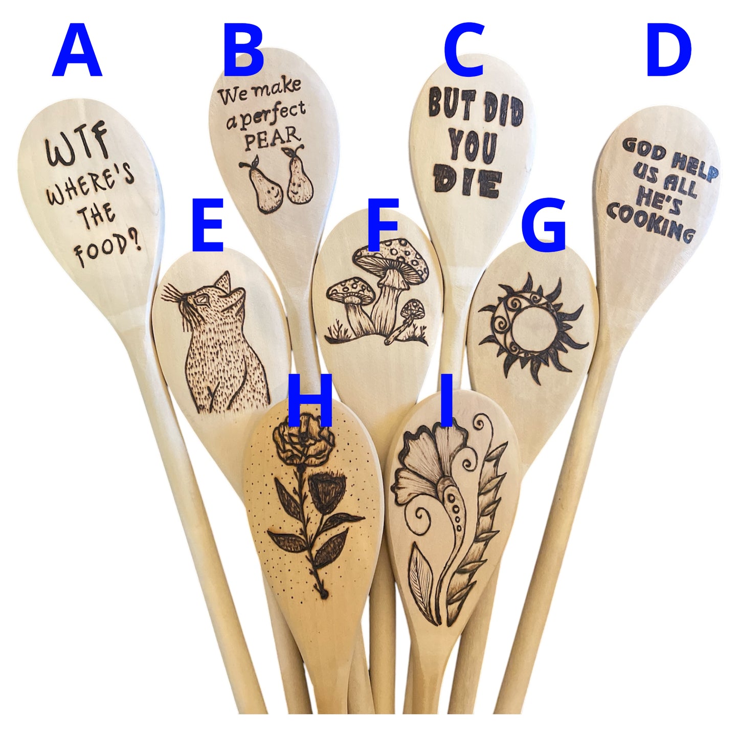 Rubberwood 14" Cooking Spoons| Eco-friendly| Quotes| Cat| Mushroom| Floral Designs