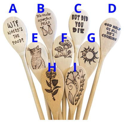 Rubberwood 14" Cooking Spoons| Eco-friendly| Quotes| Cat| Mushroom| Floral Designs