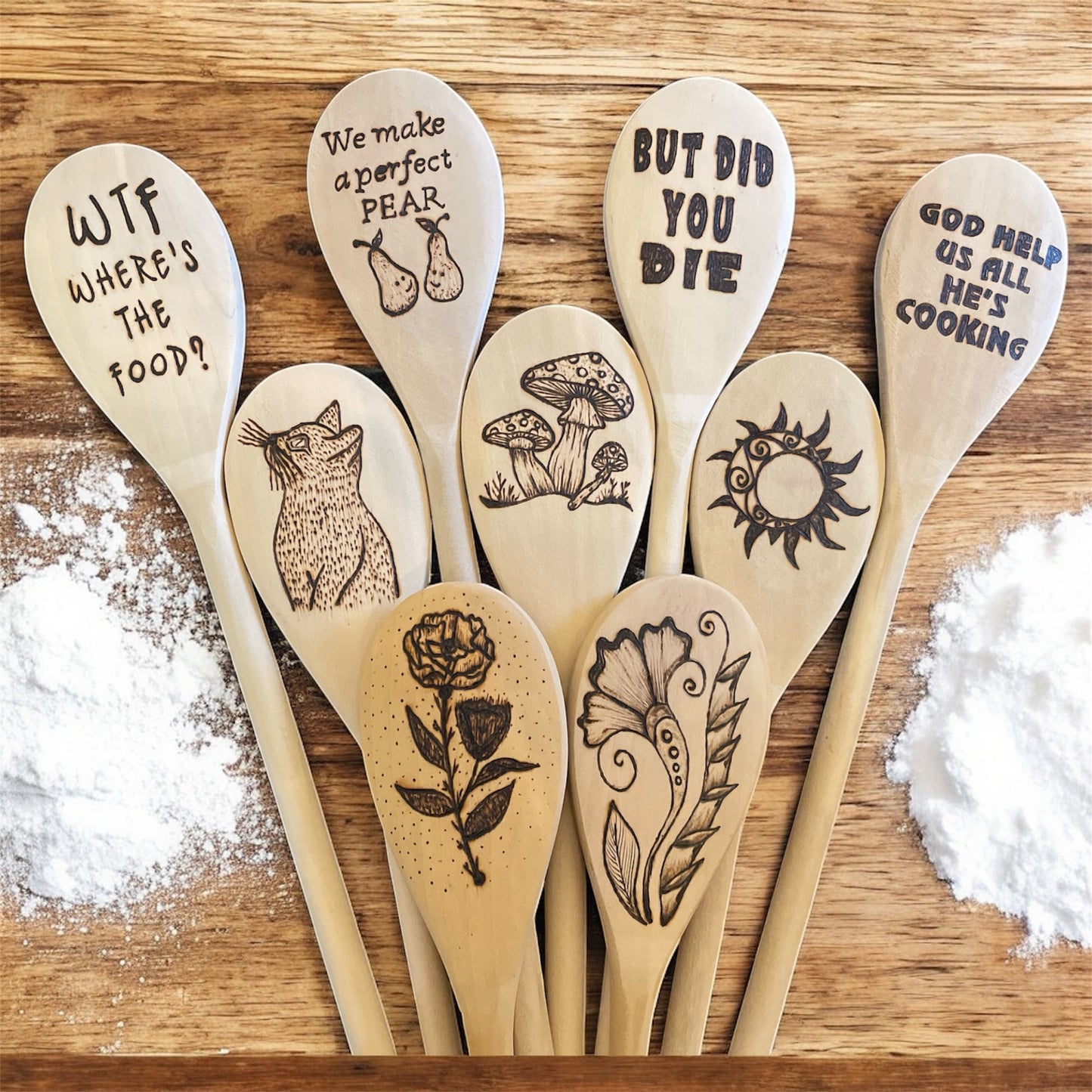 Rubberwood 14" Cooking Spoons| Eco-friendly| Quotes| Cat| Mushroom| Floral Designs