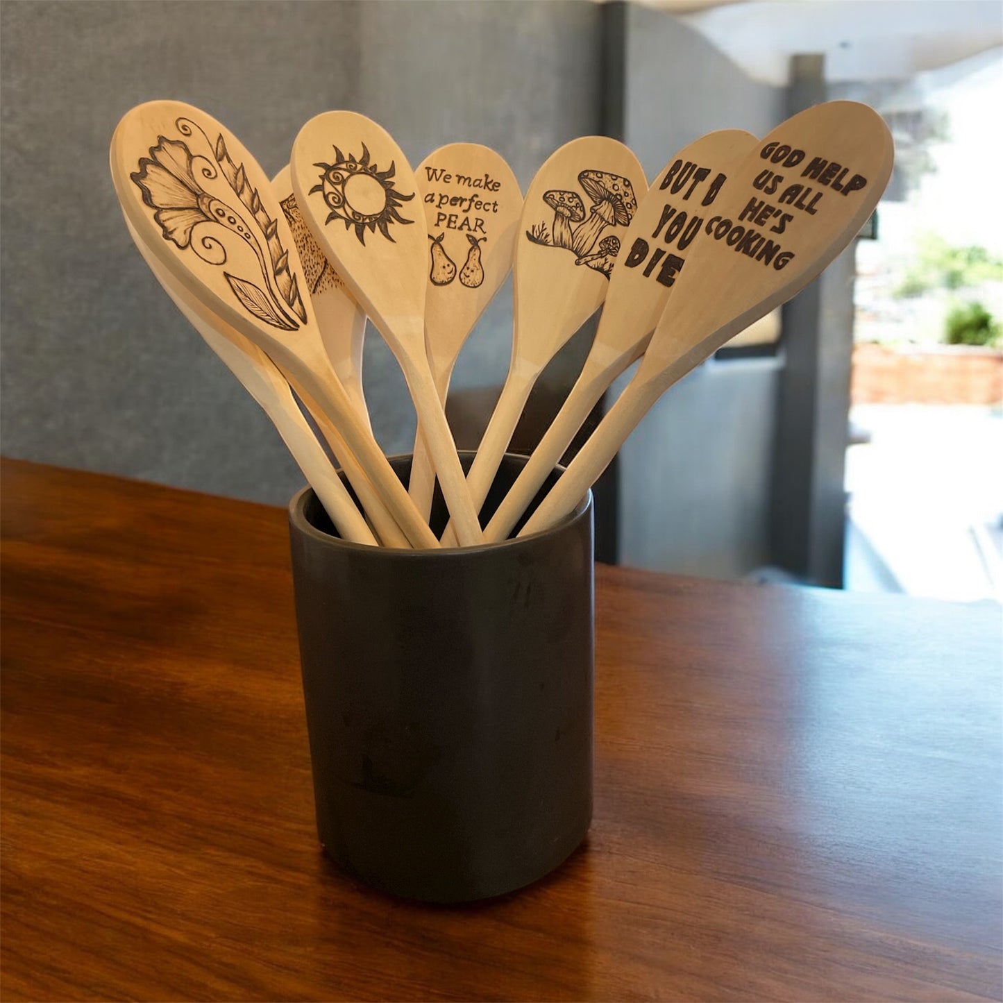 Rubberwood 14" Cooking Spoons| Eco-friendly| Quotes| Cat| Mushroom| Floral Designs