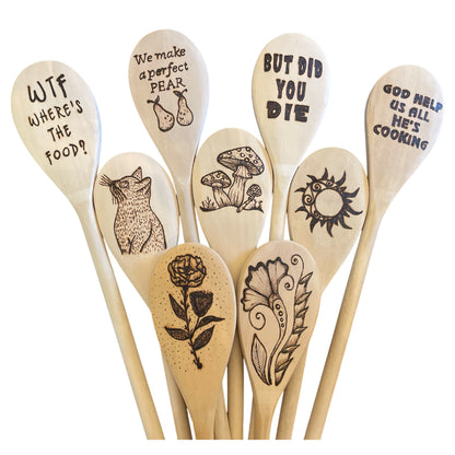 Rubberwood 14" Cooking Spoons| Eco-friendly| Quotes| Cat| Mushroom| Floral Designs