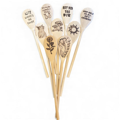 Rubberwood 14" Cooking Spoons| Eco-friendly| Quotes| Cat| Mushroom| Floral Designs