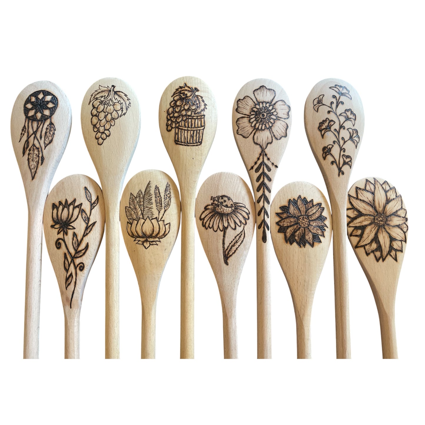 Beechwood 14" Cooking Spoons| Eco-friendly| Flower Designs| Kitchen Decor