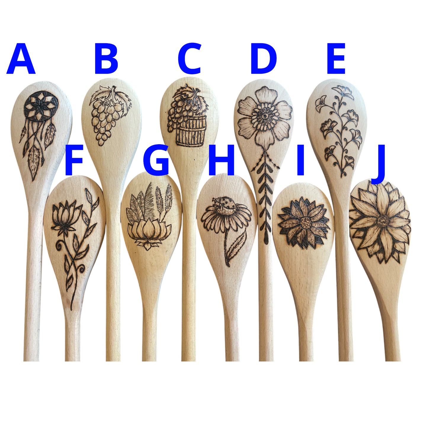 Beechwood 14" Cooking Spoons| Eco-friendly| Flower Designs| Kitchen Decor