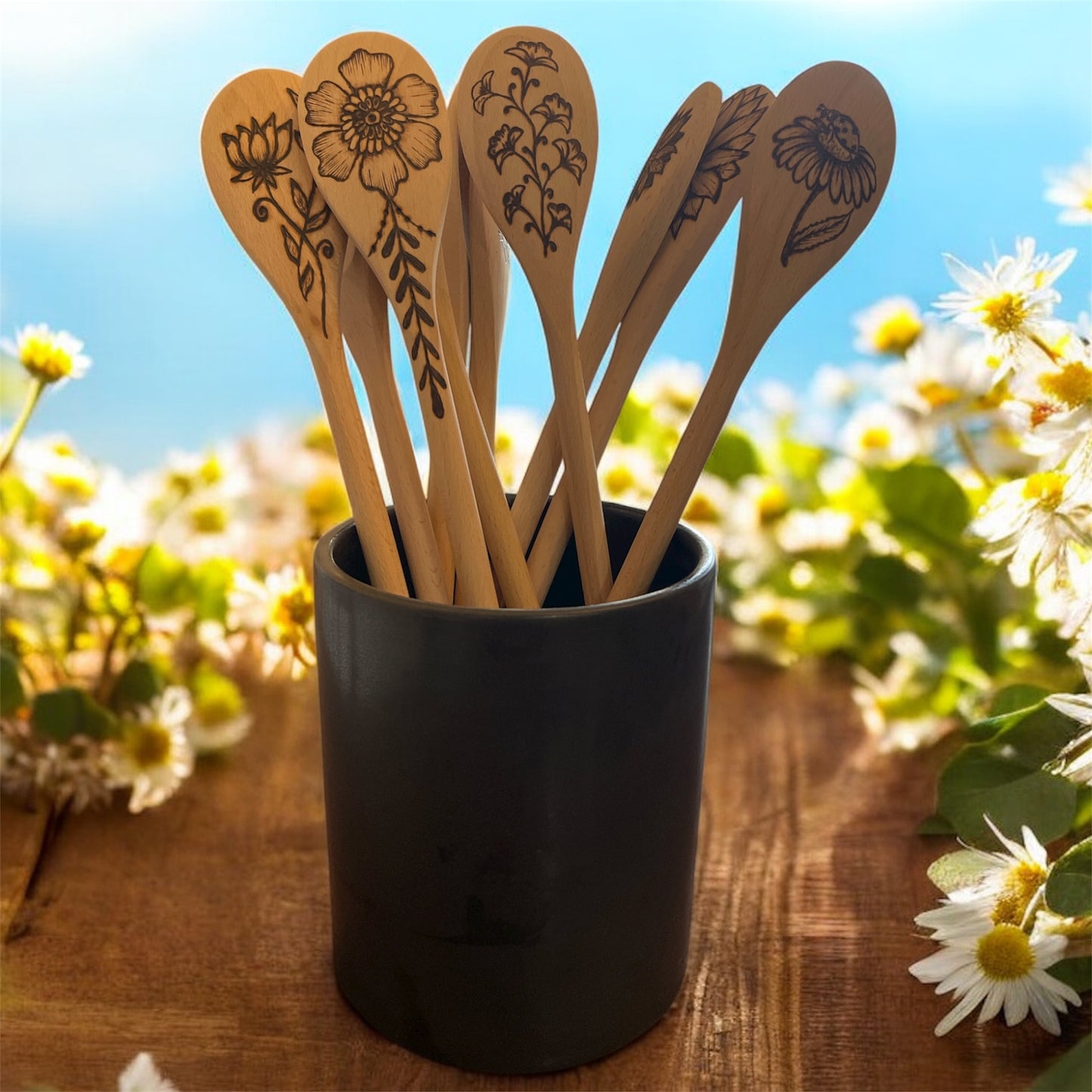 Beechwood 14" Cooking Spoons| Eco-friendly| Flower Designs| Kitchen Decor