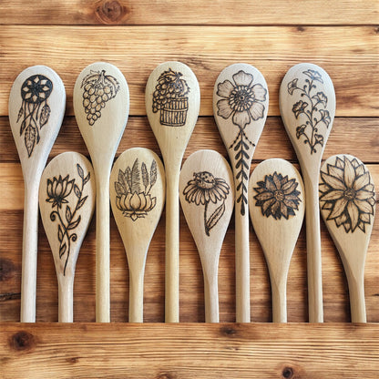 Beechwood 14" Cooking Spoons| Eco-friendly| Flower Designs| Kitchen Decor