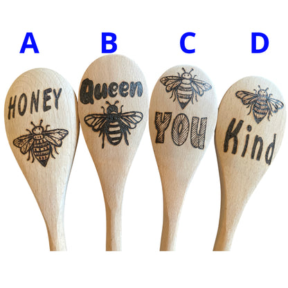 Cooking Spoons| beechwood 14"|Eco-friendly| Honey Bee| Bee Kind| Queen Bee| Designs