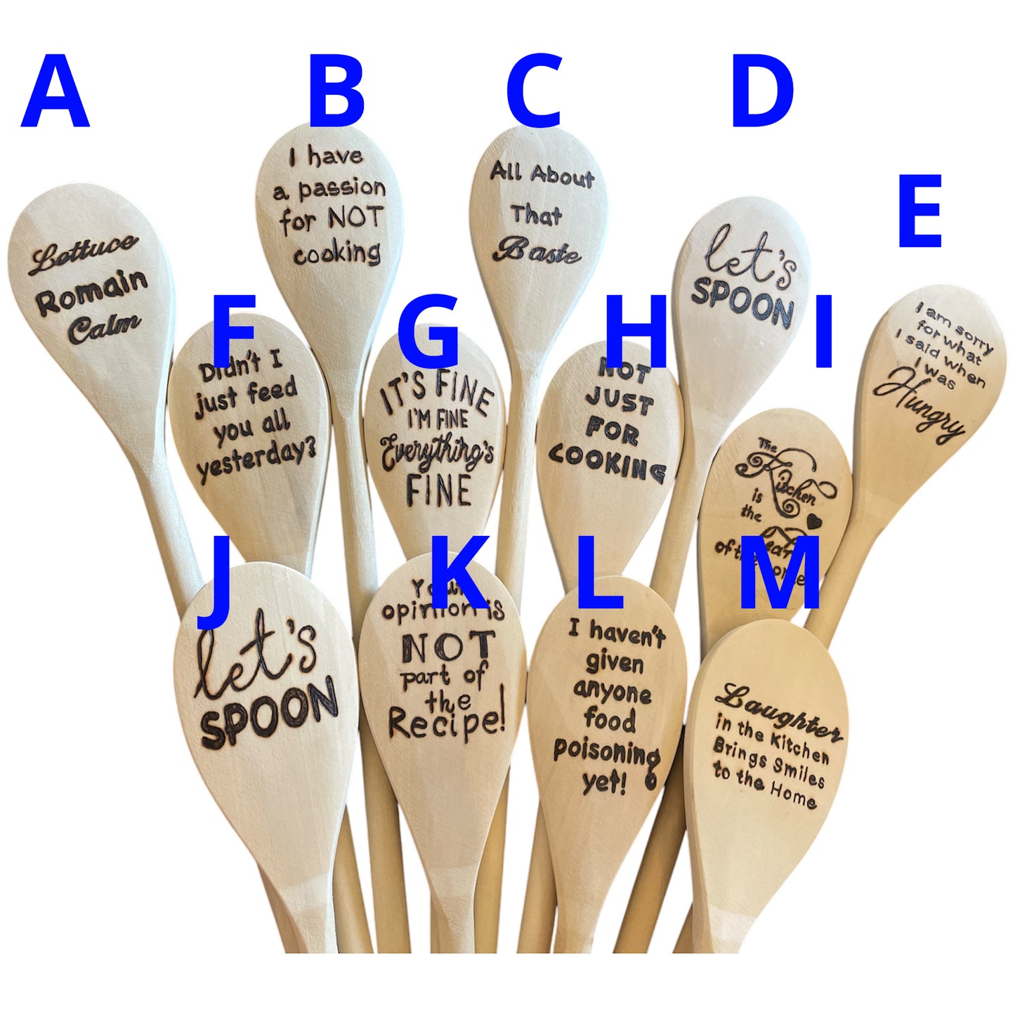 Wooden Cooking Spoons| Rubberwood 14"| Eco-friendly| Quotes| Kitchen Utensils