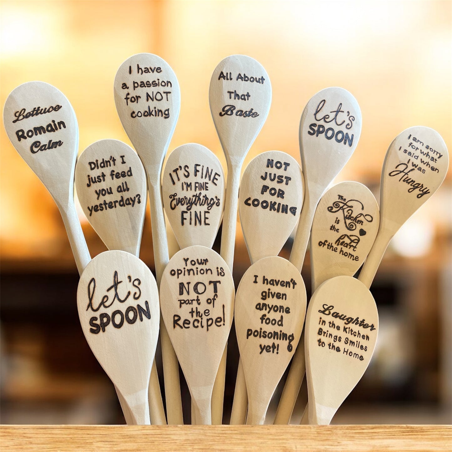 Wooden Cooking Spoons| Rubberwood 14"| Eco-friendly| Quotes| Kitchen Utensils