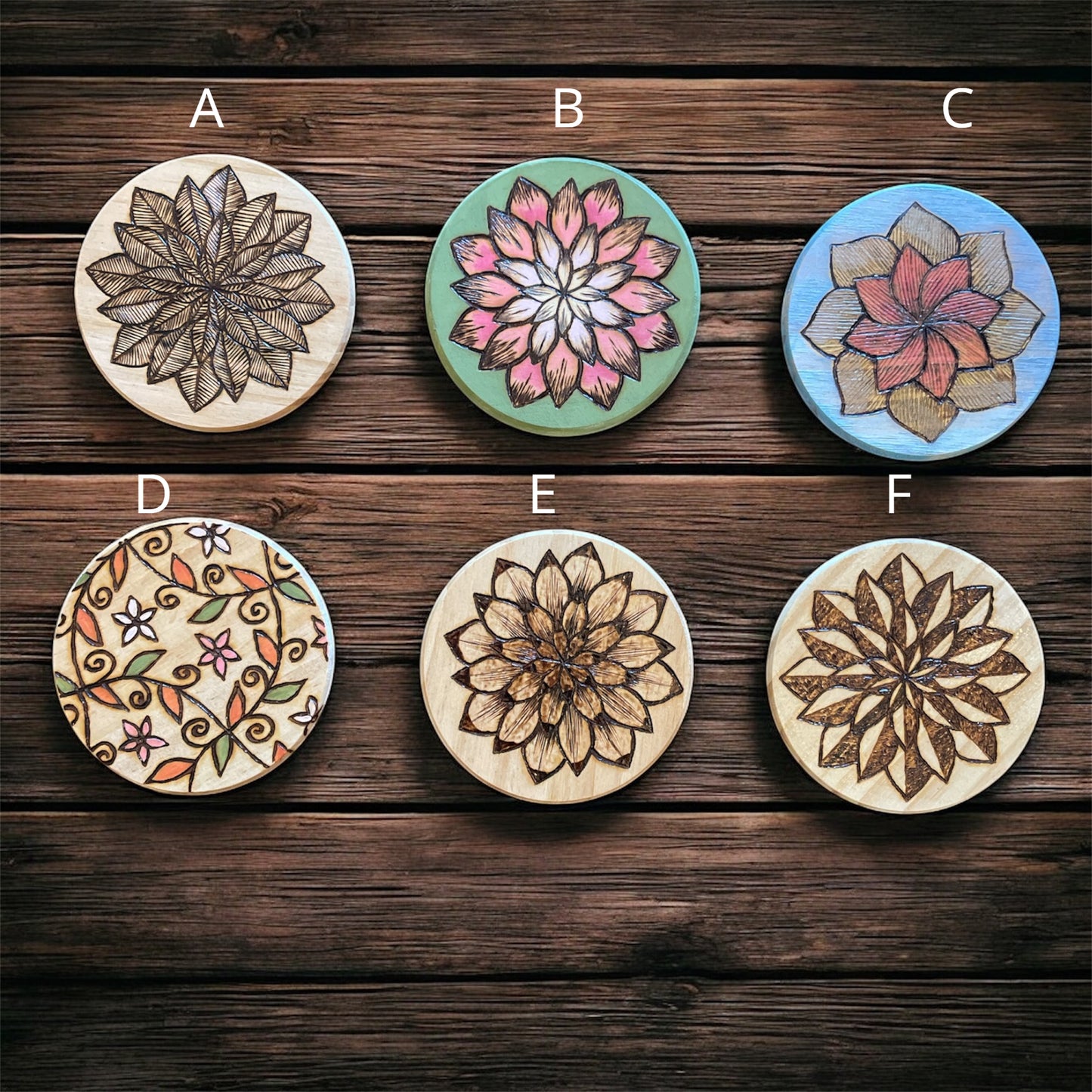 Table Coasters Hand Painted and Wood Burned Designs Centerpiece Decor