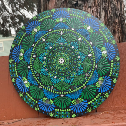 Mandala with Mirrors Dot Art with Shades of Blue and Green Colors Handmade Acrylic Painting