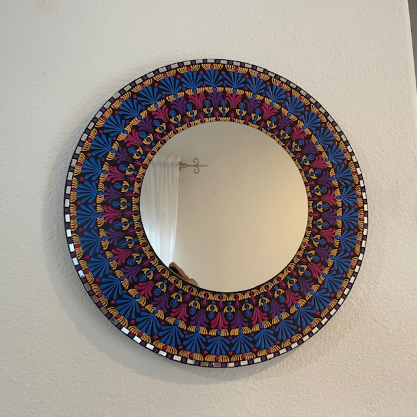 Espejo de pared con pintura azul, rosa y amarilla, arte de puntos, Mandala, decoración hecha a mano para el hogar y la Oficina