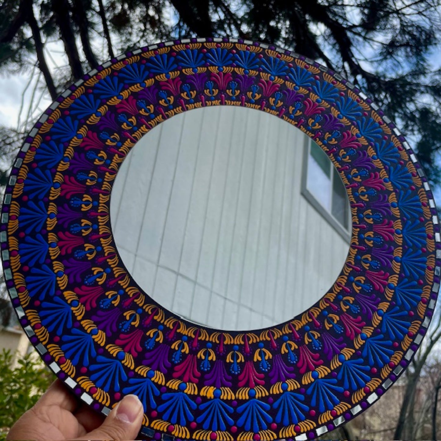 Espejo de pared con pintura azul, rosa y amarilla, arte de puntos, Mandala, decoración hecha a mano para el hogar y la Oficina