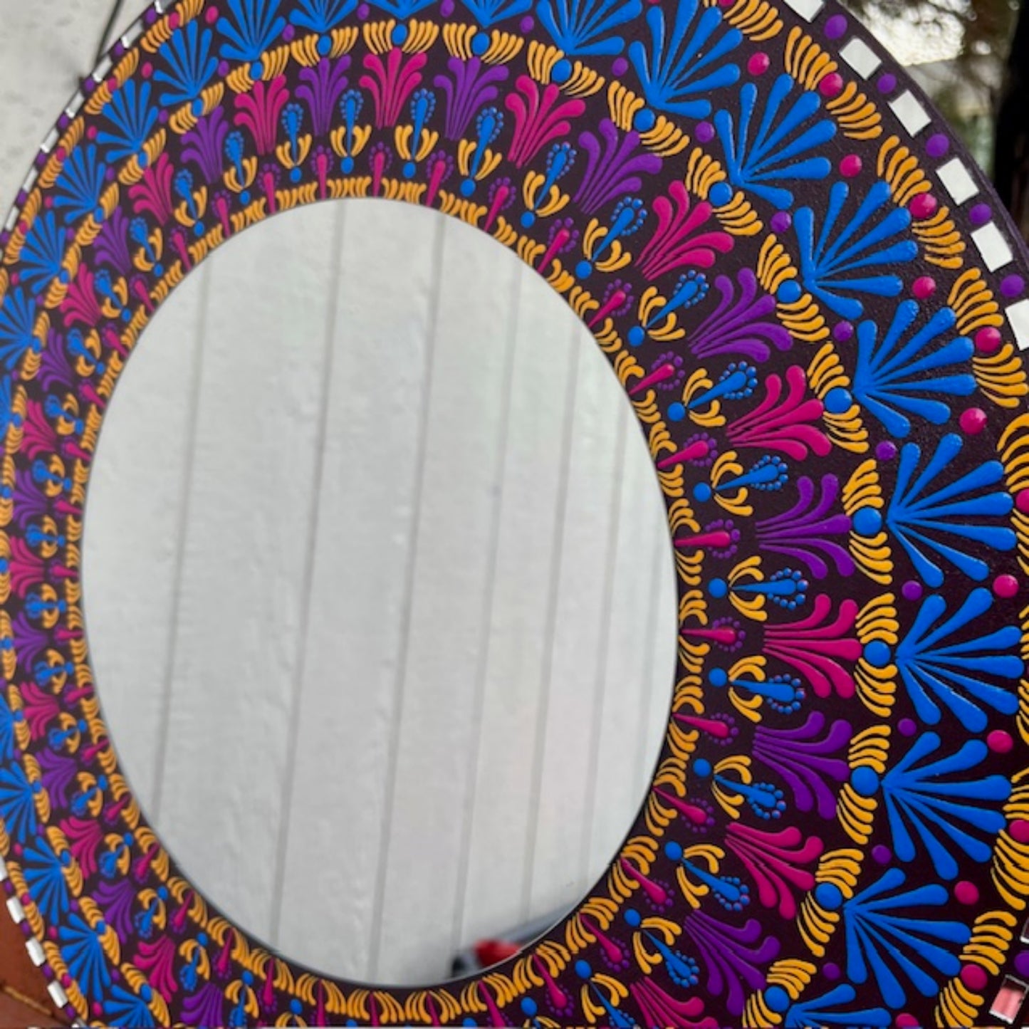 Espejo de pared con pintura azul, rosa y amarilla, arte de puntos, Mandala, decoración hecha a mano para el hogar y la Oficina