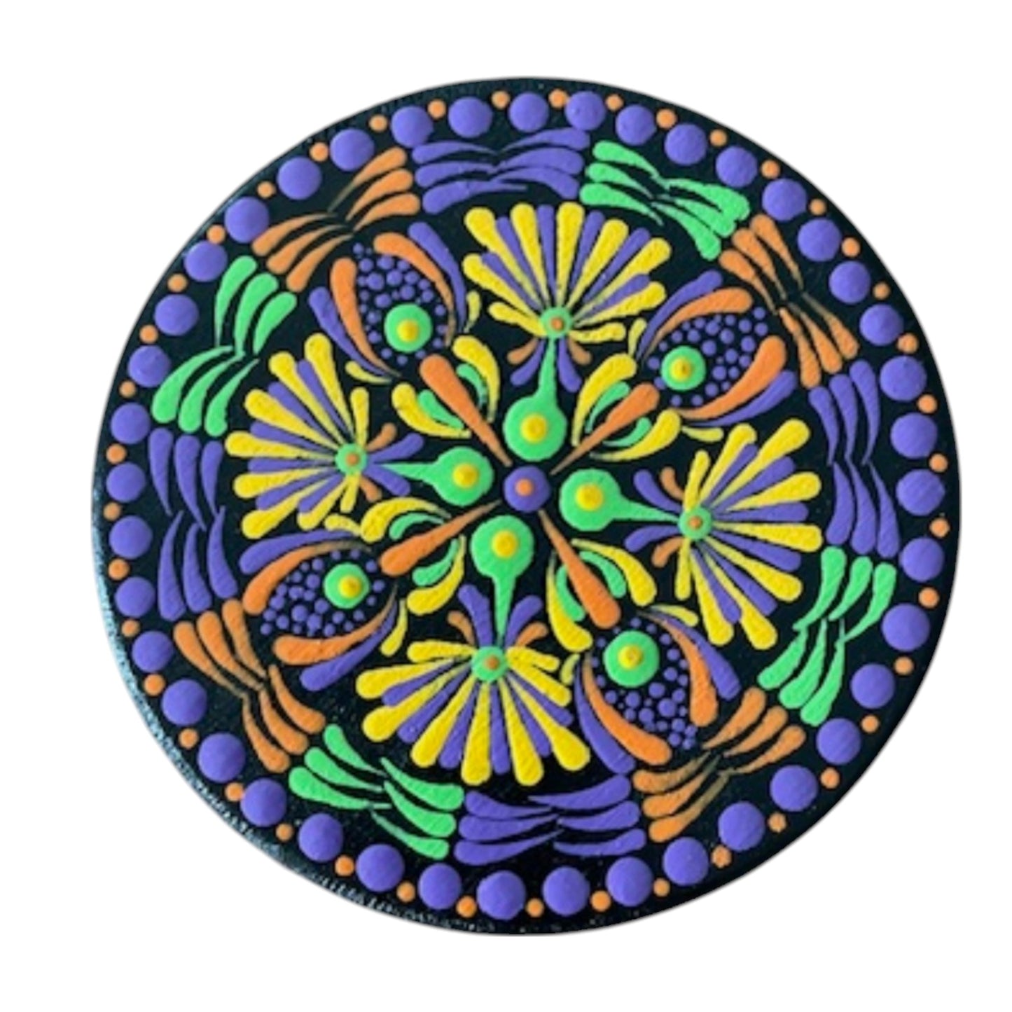 Wood Coasters Set of 4 Coasters with Holder 4”x5/16” Dot Art Hand Painted