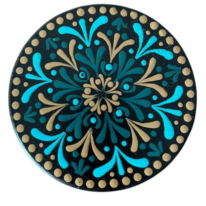 Wood Coasters Set of 4 Coasters with Holder 4”x5/16” Dot Art Hand Painted