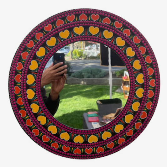 Espejo de pared con corazones Dot Art Mandala pintura acrílica hecha a mano