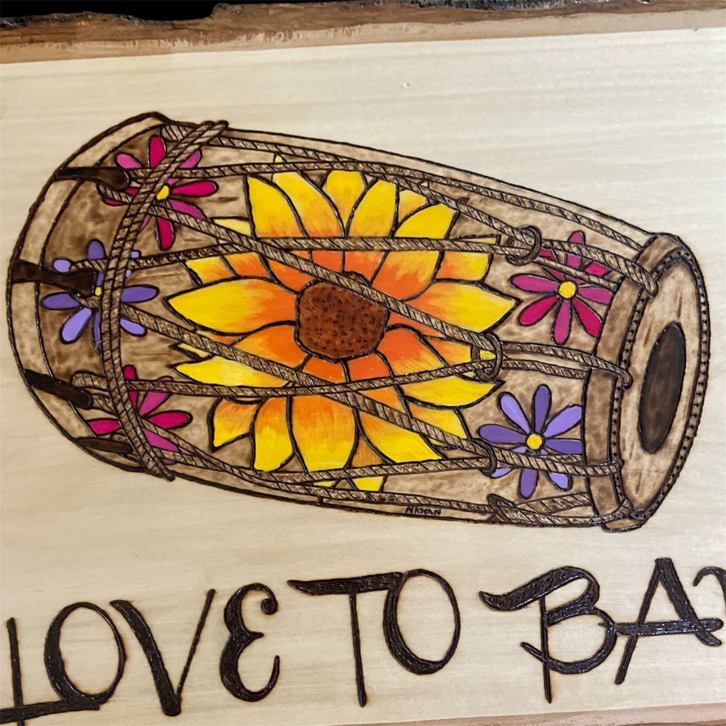 Desi Dhol Hand Burned and Painted Basswood Wall Hanging with Sunflowers Daisies-I LOVE TO BANG