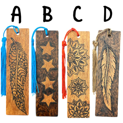 Handcrafted Bookmarks Wood Burned Words Designs with Tassels