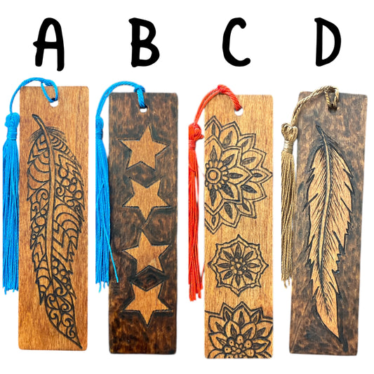 Handcrafted Bookmarks Wood Burned Words Designs with Tassels