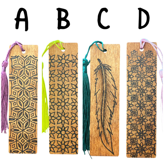 Handcrafted Bookmarks Wood Burned Words Feather Floral Design with Tassels