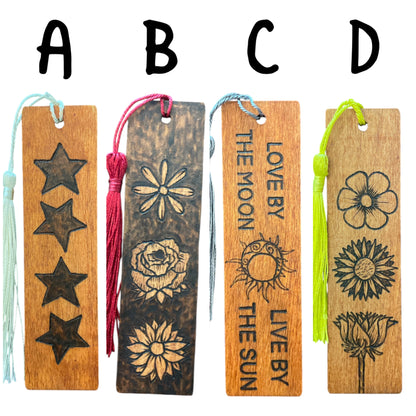 Handcrafted Bookmarks Wood Burned Designs with Tassels