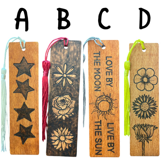 Handcrafted Bookmarks Wood Burned Designs with Tassels