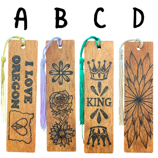 Handcrafted Bookmarks Wood Burned Designs with Tassels