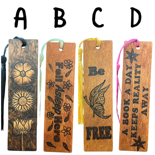 Handcrafted Bookmarks Wood Burned Designs with Tassels