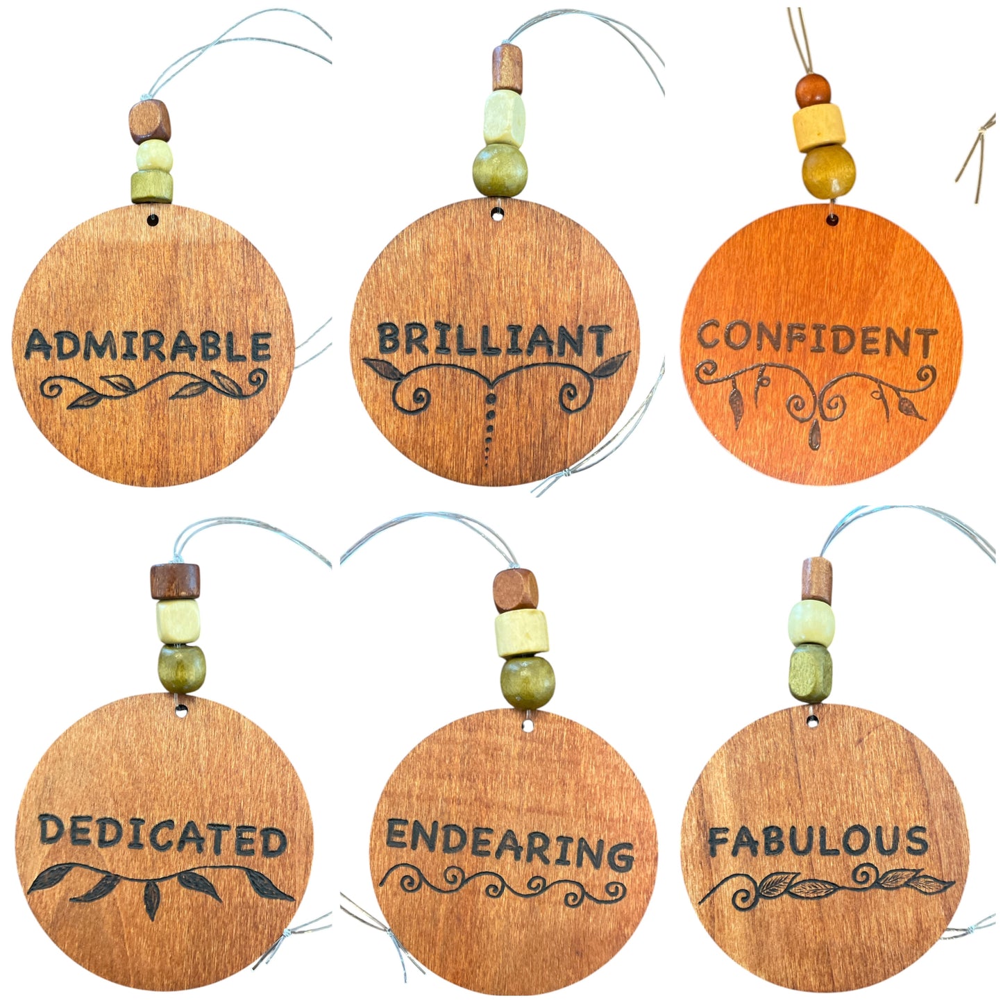 Christmas Tree Ornaments | Rearview Mirror Hanging | Wood-Burned Letter Ornament with Positive Word