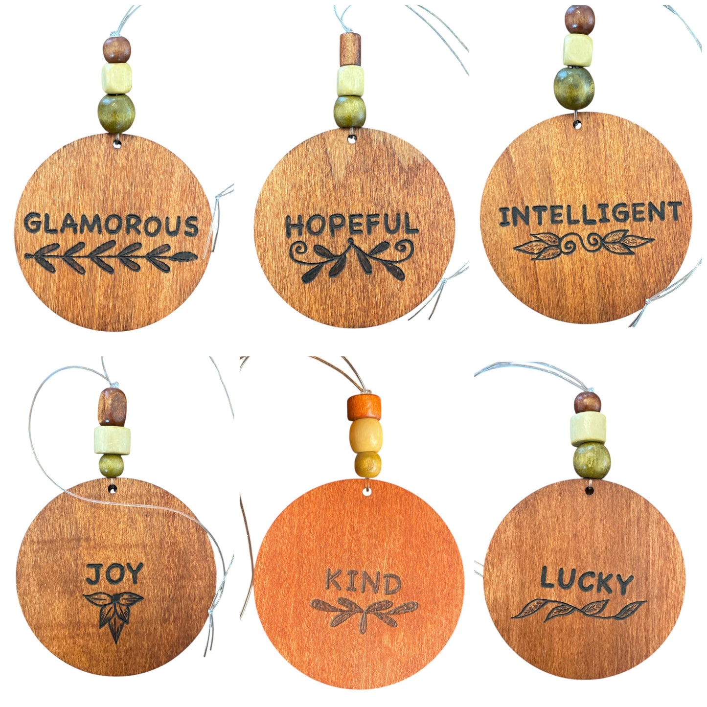 Christmas Tree Ornaments | Rearview Mirror Hanging | Wood-Burned Letter Ornament with Positive Word