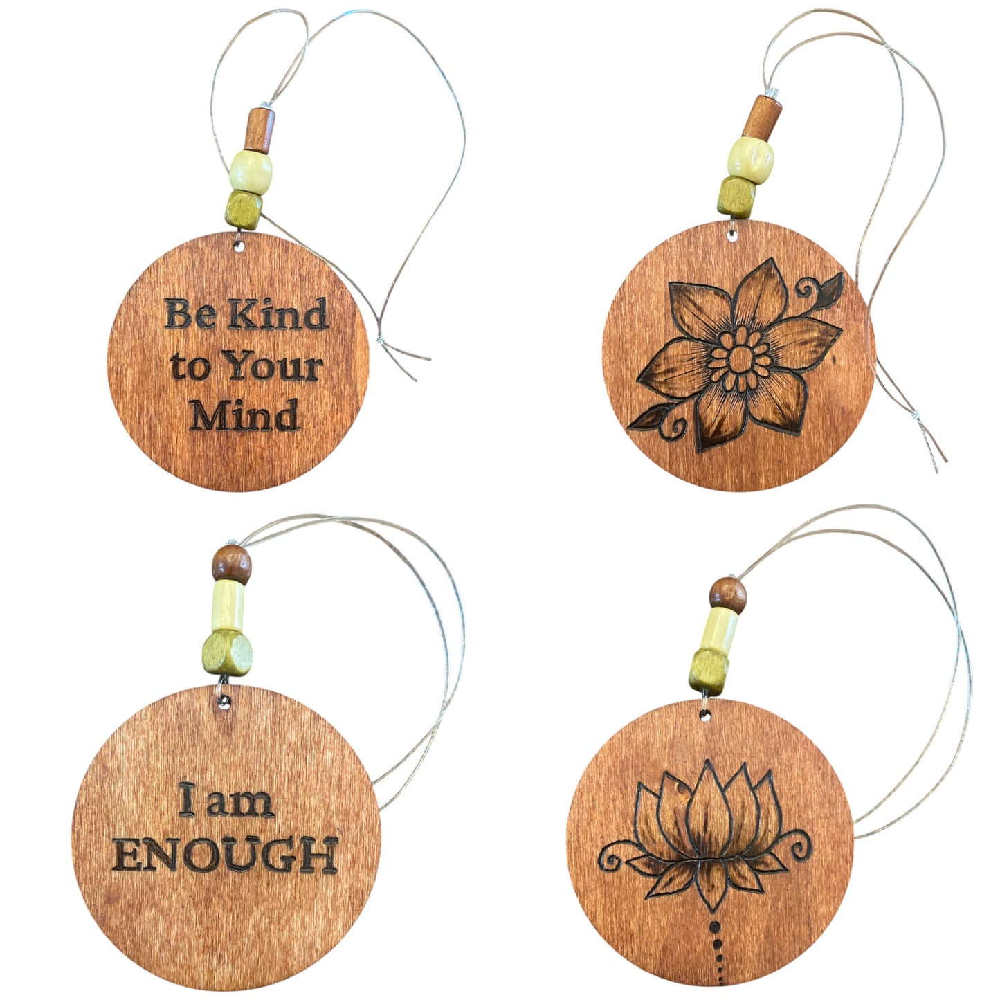 Christmas Tree Ornaments | Wood-Burned | Positive Quotes | Floral Designs