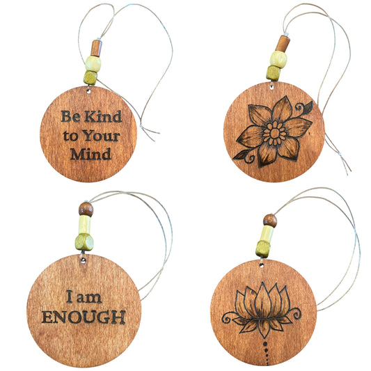 Christmas Tree Ornaments | Wood-Burned | Positive Quotes | Floral Designs