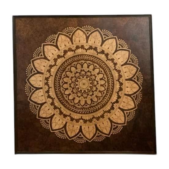 Mandala de unidad y amor enmarcado madera hecha a mano arte quemado respaldo de diente de sierra