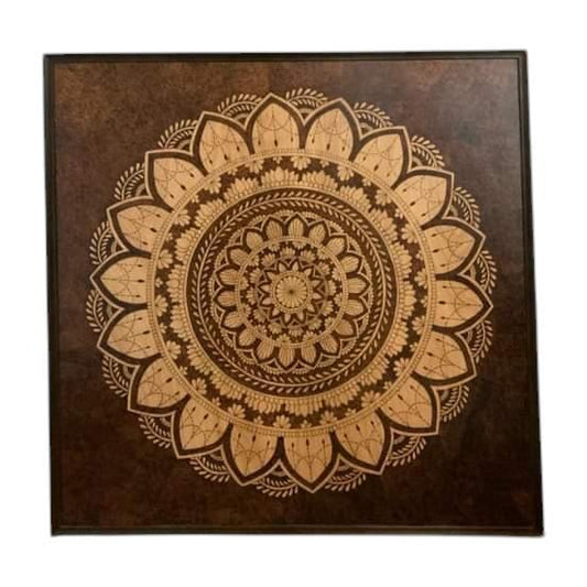 Mandala de unidad y amor enmarcado madera hecha a mano arte quemado respaldo de diente de sierra